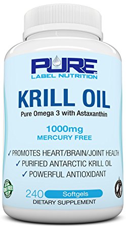 Krill Oil 1000mg with Astaxanthin 240 Caps Omega 3 6 9 - EPA DHA - 100% Purified, Mercury free and Wild Caught - Non GMO - Gluten FREE - Pure Krill Oil - Mega Dose Phospholipids