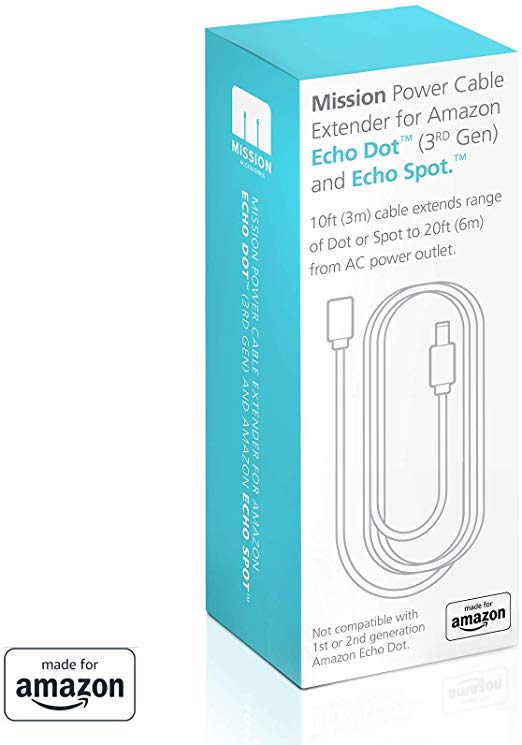 “Made for Amazon” Mission 10FT Power Cable Extender for Echo Dot (3rd Gen) and Echo Spot