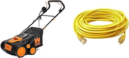 WEN DT1315 15-Inch 13-Amp 2-in-1 Electric Dethatcher and Scarifier, Black & Southwire 25890002 2589SW0002 Outdoor Cord-12/3 SJTW Heavy Duty 3 Prong Extension Cord, Yellow, 100 Feet, Ft