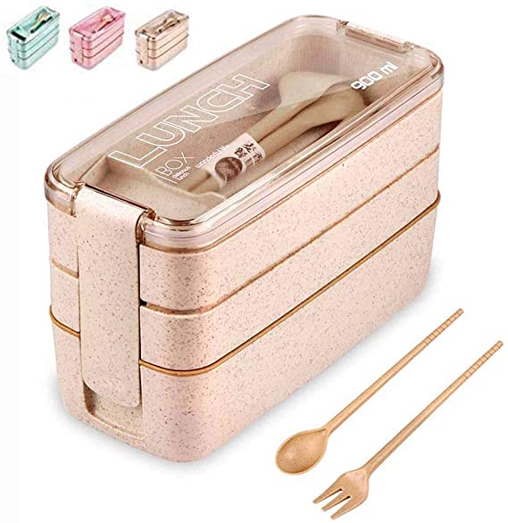 Bento Box 3 Layer, HSYTEK Bento Lunch Boxes Container for Adult and Kids, Micrwave Safe Lunch Boxes, with Spoon and Fork (Khaki)