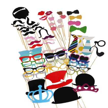 Tinksky Photo Booth Props 60 piece DIY Kit for Wedding Party Reunions Birthdays Photobooth Dress-up Accessories and Party Favors Costumes with Mustache on a stick Hats Glasses Mouth Bowler Bowties
