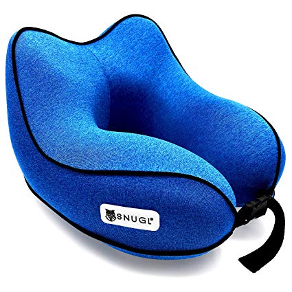 SNUGL Travel Pillow - Premium Ergonomic Design Memory Foam Cushion - Head, Neck & Chin Support for Airplane, Train or Car - Portable Compact Travel Bag with Clip Included (Marlin Blue)