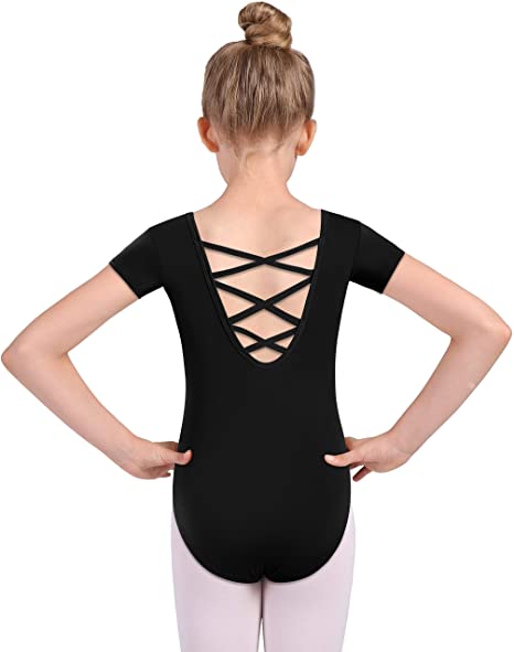 MOLLDAN Girls Dance Ballet Leotards Short Sleeve Criss Cross Straps Back