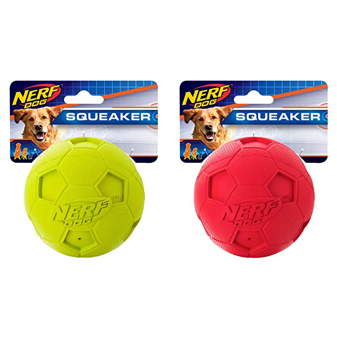 Nerf Dog (2-Pack) Soccer Squeak Ball Dog Toy, Red/Green, Large