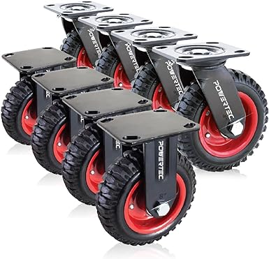 POWERTEC 8 Inch Caster Wheels Set of 8 (4 Swivel & 4 Fixed), Heavy Duty Casters w/Rubber Knobby Tread for Workbench, Dolly, Cart, Trolley, Wagon and Chicken Coop, Large Rubber Castor Wheels (17055-P2)