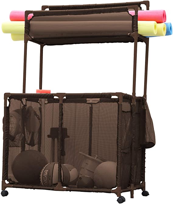 Essentially Yours Pool Noodles Holder, Toys, Floats, Balls and Floats Equipment Mesh Rolling Double Decker Multi Use Storage Organizer Bin, 37"L x 24"W x 55"H, XXL, Brown Mesh/Brown PVC