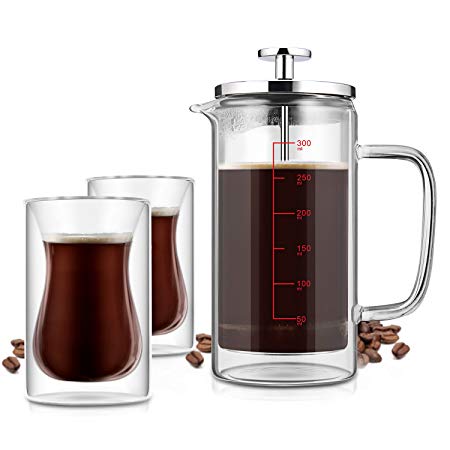 French Coffee Press Tea Maker with 2 Coffee Glasses, Double-wall, Stainless Steel Plunger, 350ml/10oz