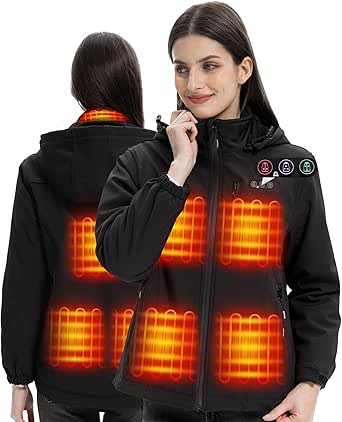 ARRIS Women`s Heated Jacket Waterproof, Electric Heating Coat with 7.4V Battery and Detachable Hood - 8 Heating Areas