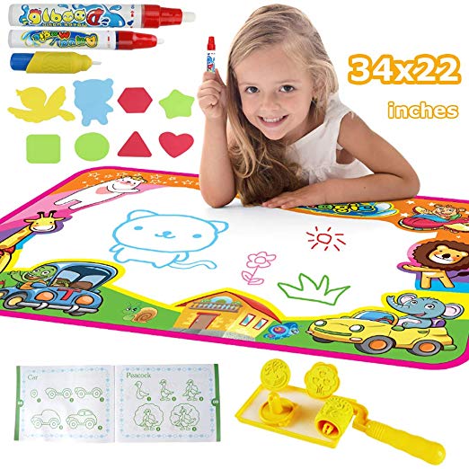 Water Painting Mat,34"X22" Mess Free Large Writing Pad,Color Aqua Magic Doodle Drawing Mat,Roller,Stamps,3 Pens,Template,Booklet,Educational Toy Set, for Age 2 3 4 5 6 Kids Girls Boys