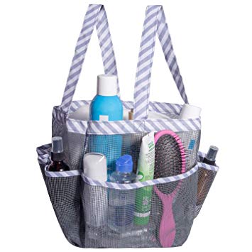 Attmu Mesh Shower Caddy, Quick Dry Shower Tote Bag Oxford Hanging Toiletry and Bath Organizer with 8 Storage Compartments for Shampoo, Conditioner, Soap and Other Bathroom Accessories (Grey Stripe)