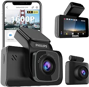 PHILIPS Dash Cam with Front & Rear Car Camera, Wide Angle, 3" Screen Dashcam for Cars, Built-in WiFi, G-Sensor, Night Vision, Safety Alert, Loop Recording, Voice Control (Front 1600P Rear 1080P)