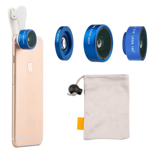 EvershopUniversal 3 in 1 180 Degree Fisheye Lens  036X Wide Angle Lens  15X Macro Lens Cell Phone Camera Lens Kit for iPhone 6s 6 PlusSamsung Galaxy S6 S5Mobile Phones65288Blue65289