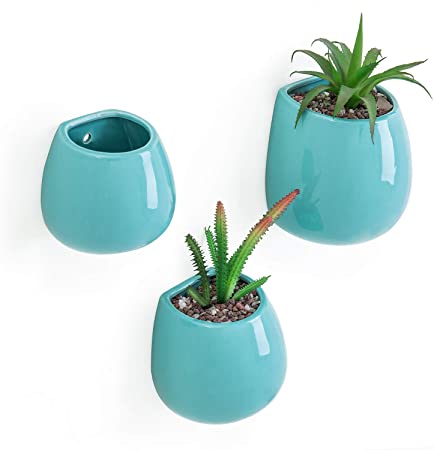 MyGift Wall Hanging Aqua Blue Ceramic Succulent Planter Pots, Set of 3