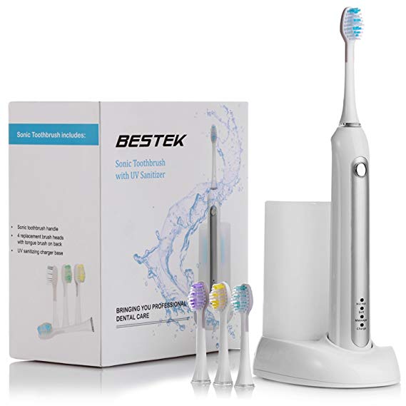 Electric Toothbrush Rechargeable Sonic Toothbrush - Includes 4 Replacement Heads 3 Brush Modes UV Sanitizer and Built in Timer Waterproof for Adult and Kids - RLT234 White by BESTEK