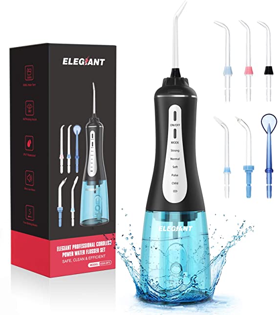 ELEGIANT Water Flosser for Teeth Teeth Cleaner Dental Oral Irrigator Waterproof 360°Rotation USB Rechargeable IPX7 Waterproof 5 Modes with 350ML Water Tank for Home and Travel, Braces & Bridges Care