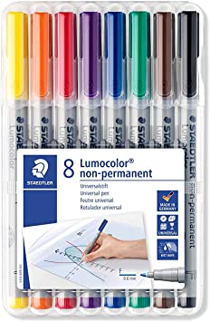 Staedtler Lumograph Non-Permanent Wet Erase Marker Pens, Fine Tip Refillable Colored Markers, 8 Pack, 315 WP8