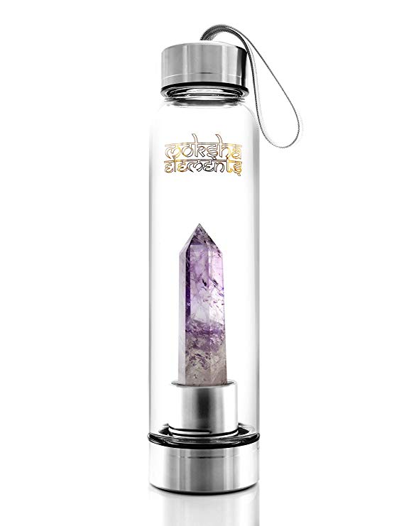 MOKSHA ELEMENTS Chakra Alignment Crystal Infused Water Bottles Including Gem Stones– Shatter Resistant – Removable Crystal– Glass and Stainless Steel (550ml/18oz)