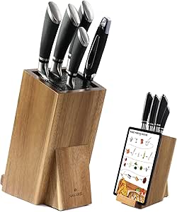 Navaris Wooden Kitchen Knife Block with Holder - Holds a Chopping Board, Phone or Tablet - Acacia Angled Design, 12.5 x 18.7 x 26.2 cm (4.9" x 7.4" x 10.3")