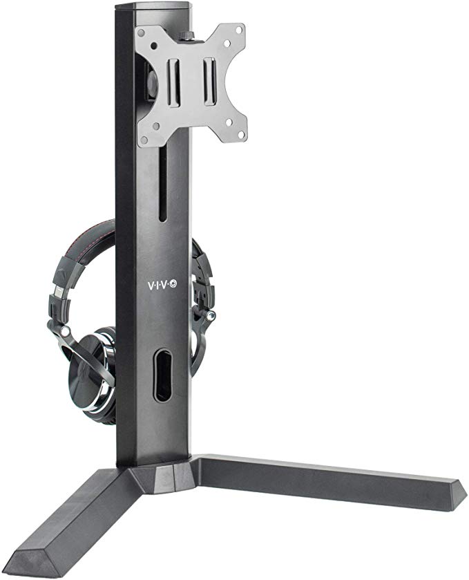 VIVO Black Freestanding Single Monitor Mount, Pro Gaming Desk Stand with Headphone Holder | Height Adjustable Mount for 1 Screen up to 32 inches (STAND-V101F)