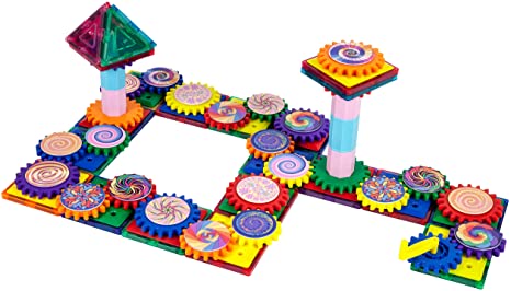 PicassoTiles 101 Master Builder Magnetic Building Block Toy Set Construction Magnet Tile Blocks Education Toys with 22 Optical Illusion Spinning Disk, 27 Gear Wheels and Engineering Columns PTW101