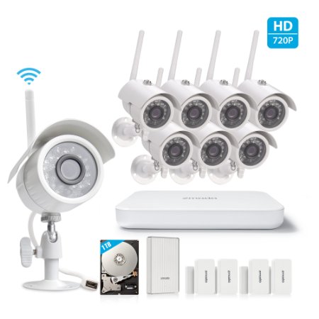 Zmodo All-in-One Wireless Outdoor Indoor Smart Home Security Camera 8CH NVR System 1TB Hard Drive with Zmodo Beam and 4 Pack Door/Window Sensors