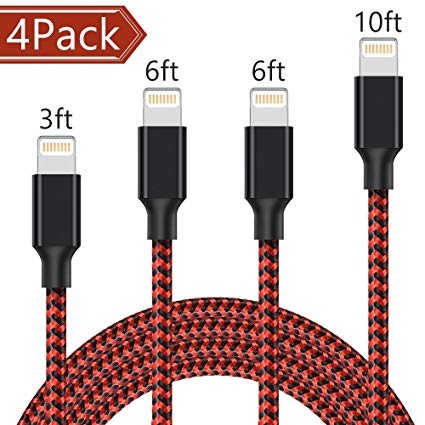 Lightning Cable,AOFU Charger Cables 4Pack 3FT 6FT 6FT 10FT to USB Syncing Data and Nylon Braided Cord Charger for iPhone X/8/8Plus/7/7Plus/6/6Plus/6s/6sPlus/5/5s/5c/SE,iPad,iPod and More (Black&Red)