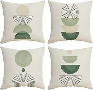 IcosaMro Boho Throw Pillow Covers 18x18 Set of 4 Mid Century Modern Geometric Cotton Linen Arch Sun Green Throw Pillow Case Decorative Cushion Cover for Couch Beadroom Sofa