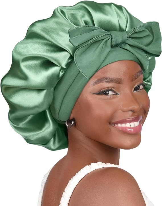 YANIBEST Satin Bonnet Silk Bonnet for Sleeping Hair Bonnet with Tie Band Head Wrap Bonnets for Black Women Curly Natural Hair, Sage, Large