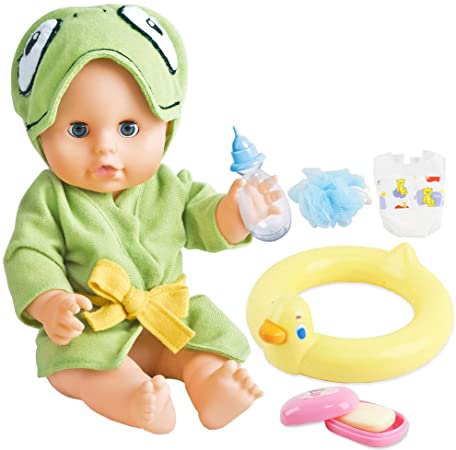 deAO 12” Interactive Swimming Baby Doll Bath Time Bathing and Swim Play Set with Toy Rubber Ring, Soap and Accessories Included