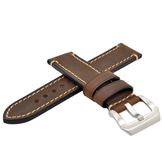 Dark Brown 22mm Genuine Leather Wristwatch Watch Band Oil Tan Vintage Strap for Men with Stainless Buckle