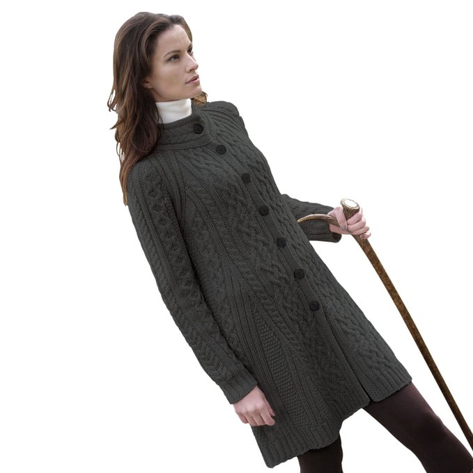 100% Irish Merino Wool Ladies Aran Knit Flared Coat by West End Knitwear