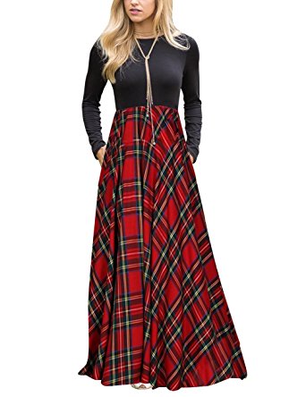 MEROKEETY Women's Plaid Long Sleeve Empire Waist Full Length Maxi Dress With Pockets