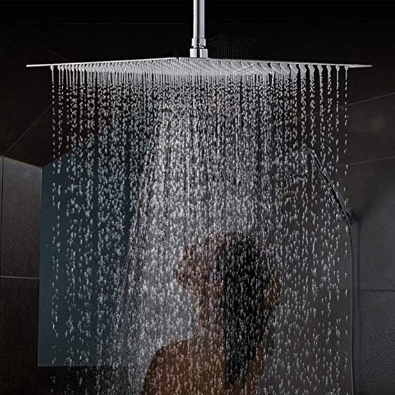 Drenky16" Square Rain Shower Head, Stainless Steel, Powerful High Pressure Top Spray Bathroom Rainfall Showerhead