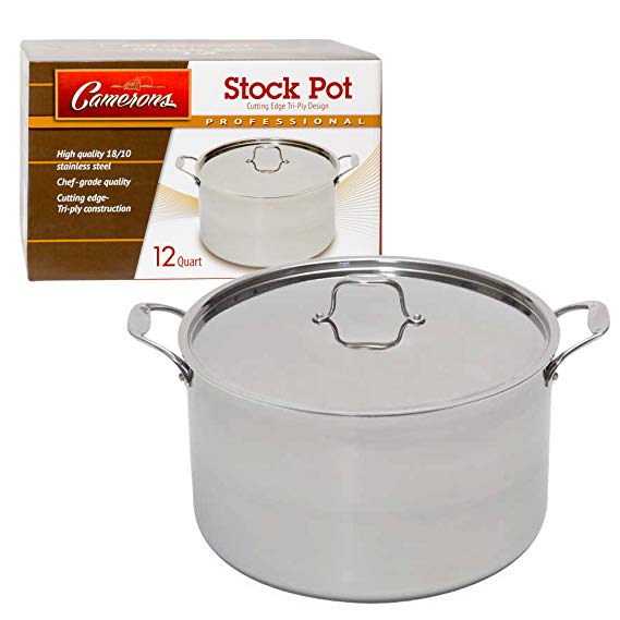 Stock Pot - Tri-ply 18/10 Professional Grade Induction Ready with Stainless Steel Lid and Stay Cool Handles (12 Quarts)