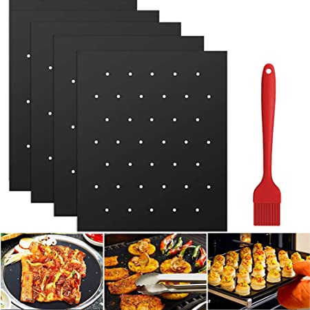 Grill Mats for Outdoor Grill- Non Stick Grill Mat with Holes- Set of 4 BBQ Grill Mats with Basting Brush- Heavy Duty, Reusable and Dishwasher Safe Grill Pads- Easy Use on Gas Charcoal Electric Grills