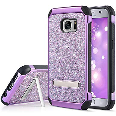 UARMOR Case for Samsung Galaxy S7, Glitter Bling Rugged Shockproof Dirtproof Hybrid Slim Fit Case Sparkle Shiny Faux Leather Chrome Hard Case Cover, Purple