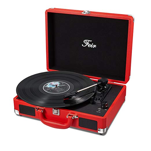 Vinyl Stereo Red Record Player 3 Speed Portable Turntable Suitcase Built in 2 Speakers RCA Line out AUX Headphone Jack PC Recorder
