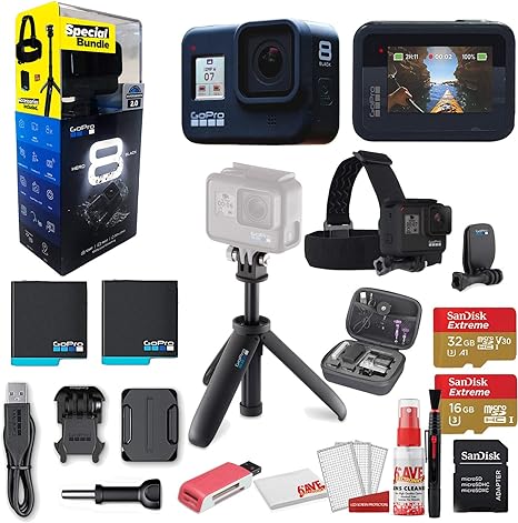 GoPro HERO8 Black Action Camera - Starter Bundle Shorty Head Strap   Sandisk 32GB & 16GB SD Cards   2 Batteries   Case and More. Waterproof, Touchscreen, 4K, 12MP, Live Streaming