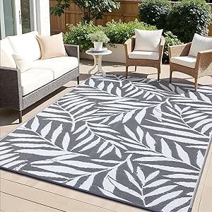 OLANLY Waterproof Outdoor Rug 6x9 ft, Reversible Patio Rug, Outdoor Plastic Straw Rug with Leaf Pattern, RV Mat, Indoor Outdoor Carpet for Patio, Camping, Balcony, Deck, Backyard, Grey & White