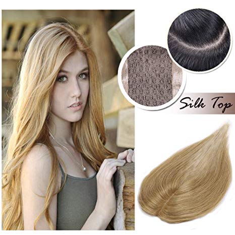 Silk Bases Women Hair Topper Clip in Top Hairpiece Human Hair Topper Dark Blonde #27 Crown Cover Toupee Middle Part with Thinning Hair Hand-made 14 inches Topknot Wiglet(14")