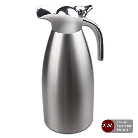 Coffee Pot Stainless Steel Double Wall Vacuum Insulated 1.5L Large Capacity Tea/Water Pitcher with Press Button Silver