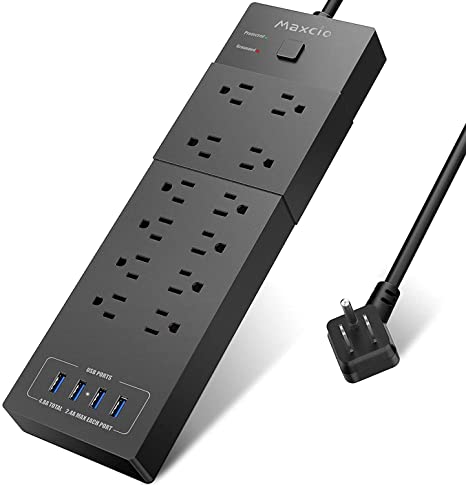 Power Strip with 4 USB Ports, Maxcio Surge Protector with 12 AC Outlets, 1875W/15A, Wall Mountable Flat Plug Extension Cord for Home & Office