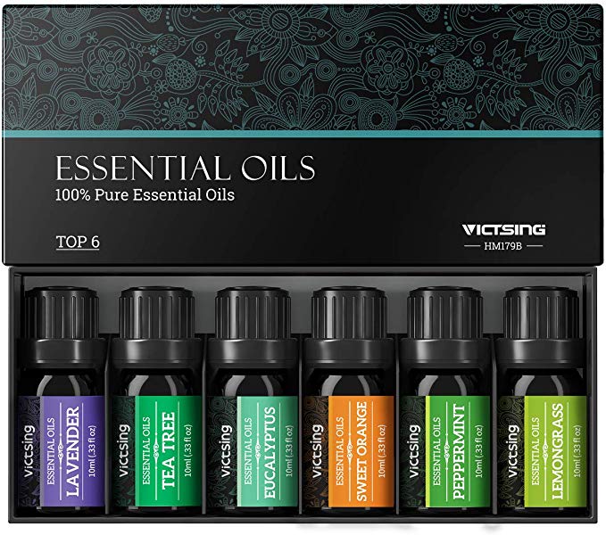 VicTsing Essential Oils Gift Set for Aromatherapy (10ml*Top 6), 100% Pure Scented Oils for Oil Diffusers-Lavender, Lemongrass, Tea Tree, Eucalyptus, Sweet Orange, Peppermint-Green