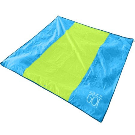 GO! XL Waterproof Beach Blanket / Picnic Blanket 7 x 7 Satisfaction Guaranteed! Lightweight, Compact & Sand Free. Made From Ripstop Premium Oxford Fabric with Built In Sand Pockets and Corner Loops.