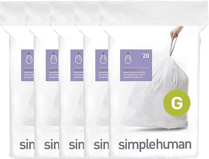 simplehuman Code G Custom Fit Drawstring Trash Bags, 30 Liter / 8 Gallon, White, 100 Count