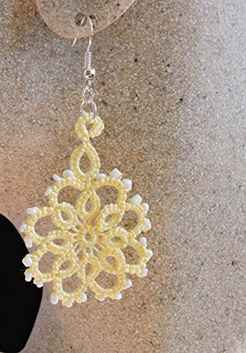 Lace Flower Earrings in Light Yellow with White Glass Bead Detail and Silver Plated Earwires