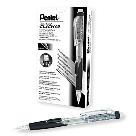 Pentel Twist Erase CLICK Mechanical Pencil, Pack of 12, 0.5mm, Clear Barrel, Black Grip (PD275TA)