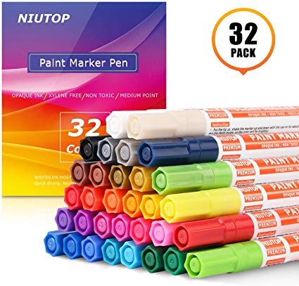 Acrylic Paint Pens for Rock, 32 Bright Colors Paint Markers Kit for Glass, Stone, Wood, Fabric, Metal, Ceramic, Rock & More, Medium Point, Oil Based Paint Markers, Acid Free Non Toxic, Quick-Dry