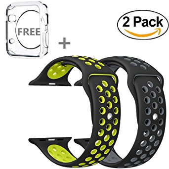 Apple Watch Band 42mm, R-fun Direct Soft Silicone Replacement Band for Apple Watch Series 3, Series 2, Series 1, Sport , Edition (42MM-black/gray black/yellow, 42MM)