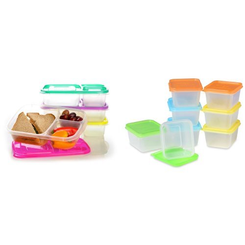 EasyLunchboxes 3-Compartment Bento Lunch Box Containers, Set of 4, Brights and EasyLunchboxes Mini Dippers Small Dip, Condiment, or Sauce Containers, Leak-Resistant, Set of 8 Bundle